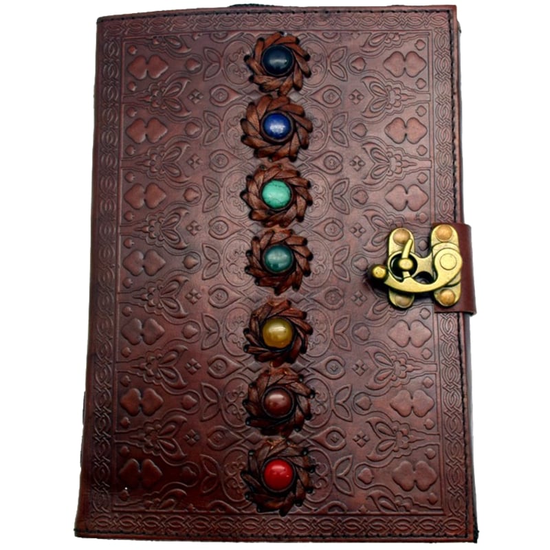Chakra Leather Journal Embossed with Lock Genuine Stones 7x10
