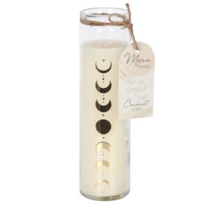 White Moon Phase Coconut ritual glass candle with gold lunar phase design – 50 hour ritual candle at The Zen Shop Oshawa