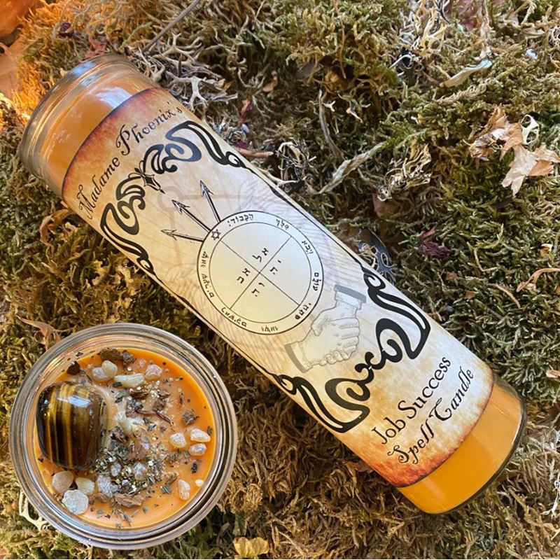 Job Success 7 Day Candle dressed in herbs and crystals