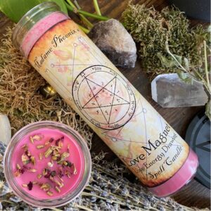 Love Magnet 7 Day Candle dressed in herbs and crystals