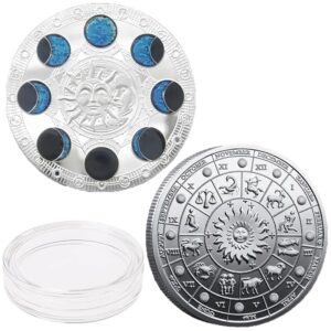 Coin with lunar moon phases and zodiac symbols