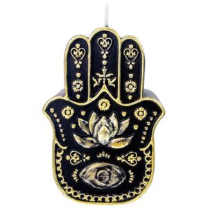 Black Hamsa evil eye protection candle with lotus symbol for altar rituals – mystical shaped candle at The Zen Shop Oshawa