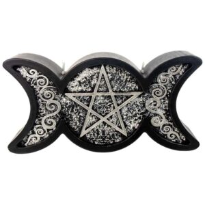 Black triple moon pentacle ritual candle with silver symbols for altar use – mystical shaped candle at The Zen Shop Oshawa