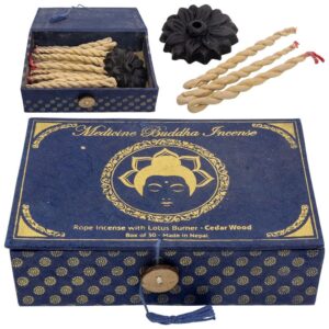 Medicine Buddha cedarwood rope incense with lotus burner and handcrafted Nepalese incense ropes for meditation and grounding