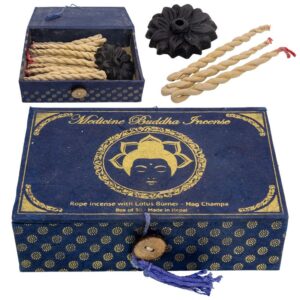 Medicine Buddha Nag Champa rope incense with lotus burner and handcrafted Nepalese incense ropes for meditation and spiritual use