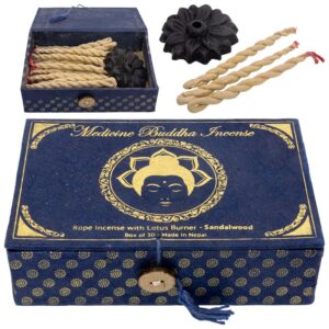 Medicine Buddha sandalwood rope incense with lotus burner and handcrafted Nepalese incense ropes for meditation and spiritual use