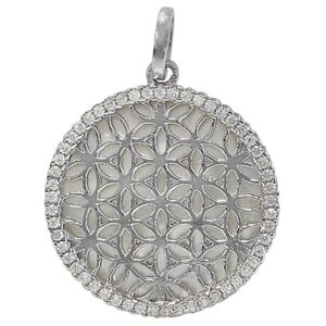 Sterling Silver Flower of Life Pendant Cubic Zirconia & Mother of Pearl 20mm