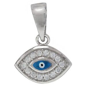 Sterling Silver Pendant Evil Eye Blue Single Row Cubic Zirconia 8mm x12mm