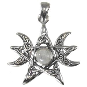 Sterling Silver Pentacle Pendant Triquetra Celtic Triple Moon Rainbow Moonstone