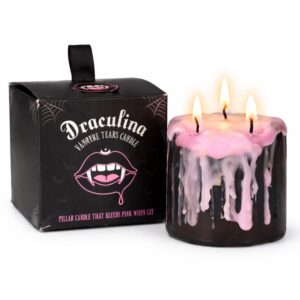 Vampire Tears pillar candle small black gothic candle with pink bleeding wax effect The Zen Shop Oshawa