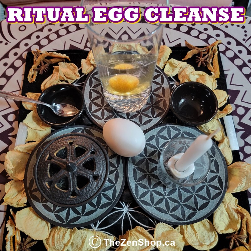 Ritual Egg Cleanse Reading setup featuring candle, egg, divination glass, and sacred geometry altar at The Zen Shop Oshawa.