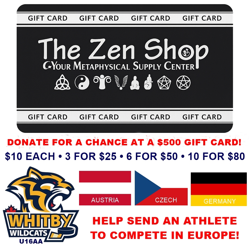 Zen Shop $500 gift card fundraiser poster – Donate for a chance to win. Proceeds support Whitby Wildcats U16AA hockey team competing in Austria, Czech Republic, and Germany.