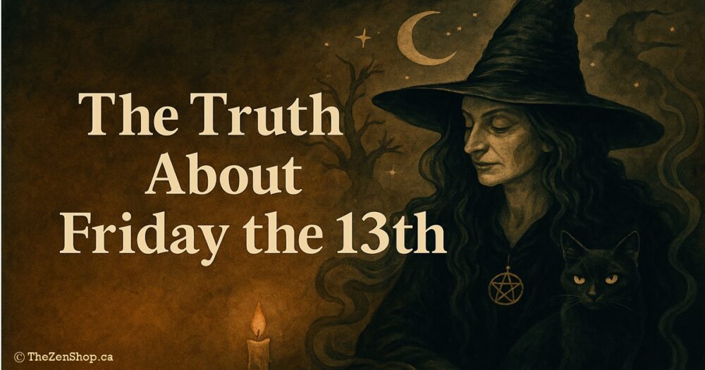 Digital artwork of a witch with a black cat under a crescent moon, created for the blog "The Truth About Friday the 13th" exploring its pagan origins and spiritual meaning.
