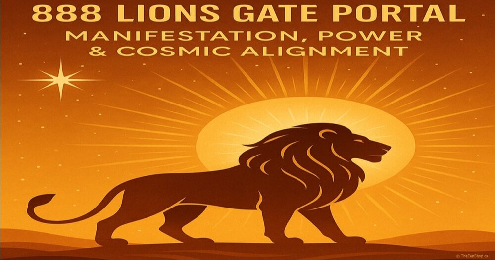 Illustration of lion silhouette beneath radiant sun and Sirius star, with text reading 888 Lions Gate Portal: Manifestation, Power & Cosmic Alignment