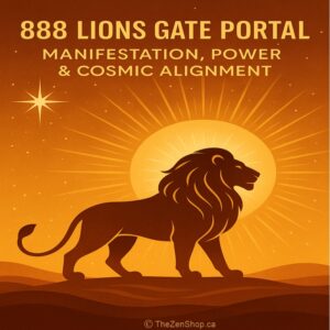 Golden lion with sunburst background and star, symbolizing the 888 Lions Gate Portal energy and cosmic alignment