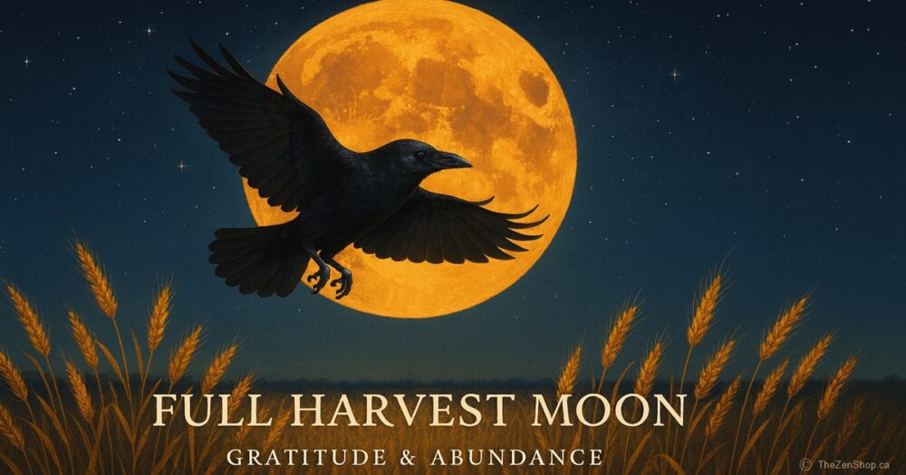 Full Harvest Moon with raven in flight and golden wheat under a starry night sky | The Zen Shop Oshawa
