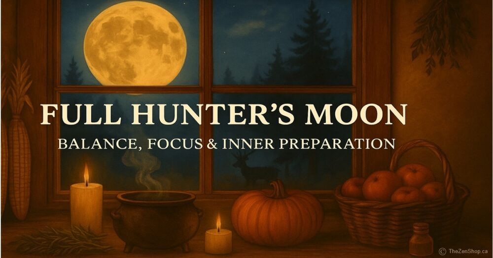 Full Hunter’s Moon spiritual autumn scene — glowing moon above a forest viewed through a rustic window with candles, pumpkin, apples, corn, herbs, and a steaming cauldron on a wooden table. Symbolic of balance, focus, and inner preparation. The Zen Shop Oshawa