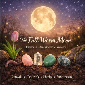 Full Worm Moon with crystals and spring tulip representing renewal awakening and seasonal growth energy