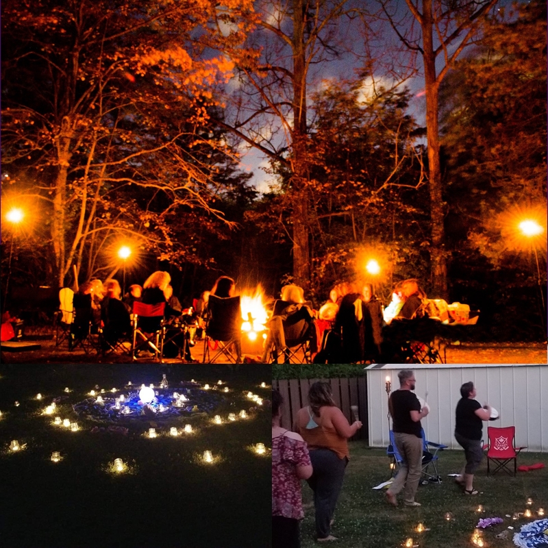 Participants gathered in an outdoor setting with bonfire,candles, ritual tools, and seasonal decor during a spiritual ceremony by The Zen Shop